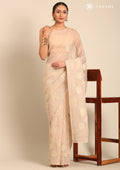 Cream Lotus Embroidered Tussar Saree - Taashi