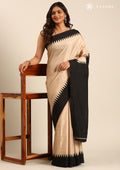 Beige Black Temple Bordered Digital Printed Tussar Saree - Taashi