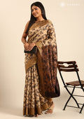 Beige And Brown Floral Woven Tussar Saree - Taashi