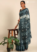 Teal Batik Printed Art Tussar Matka Silk Saree - Taashi