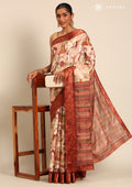 Brown Watercolor Floral Printed And Plaids Woven Linen Saree - Taashi