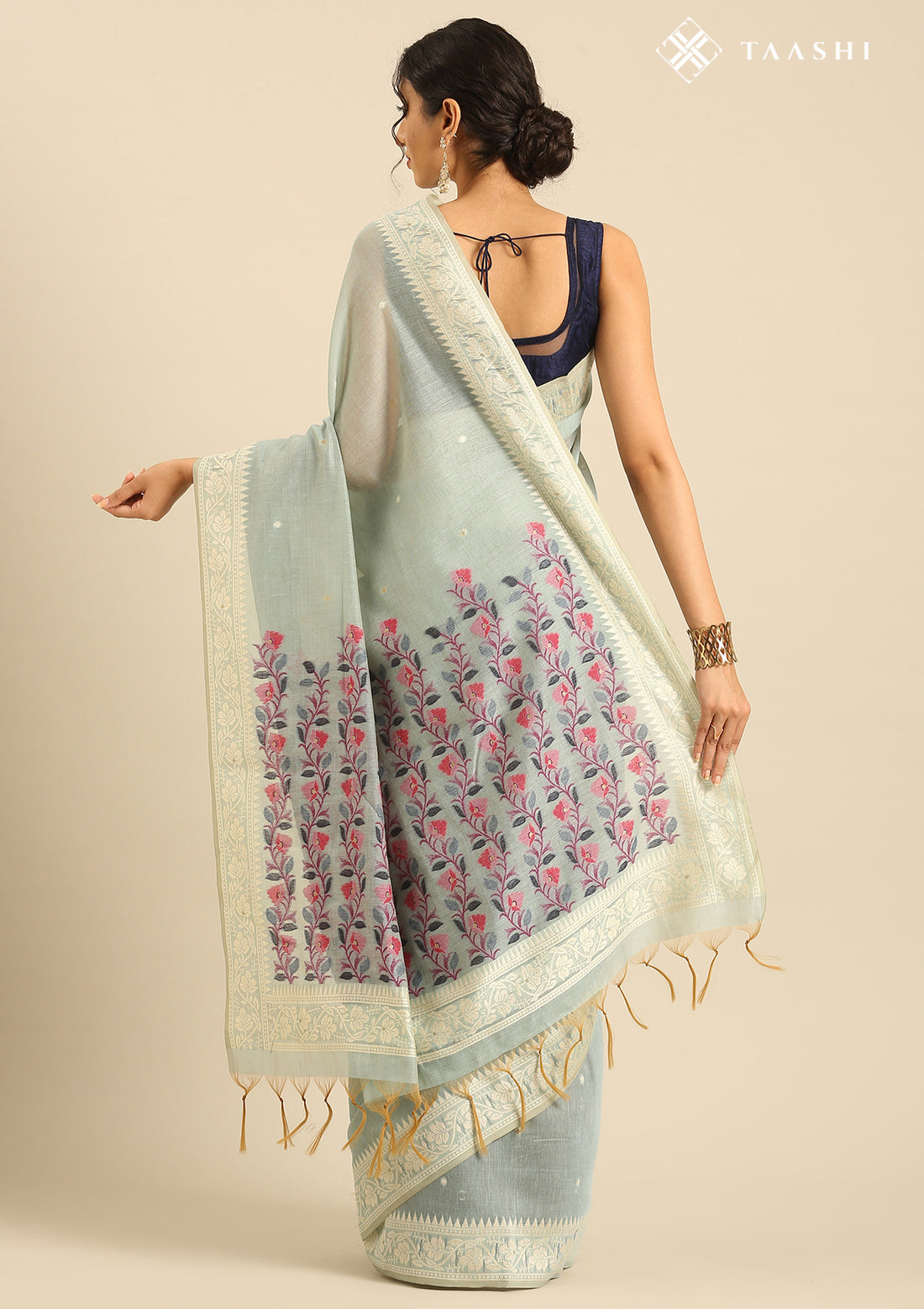 Pastel Blue Woven Butta Linen Saree - Taashi
