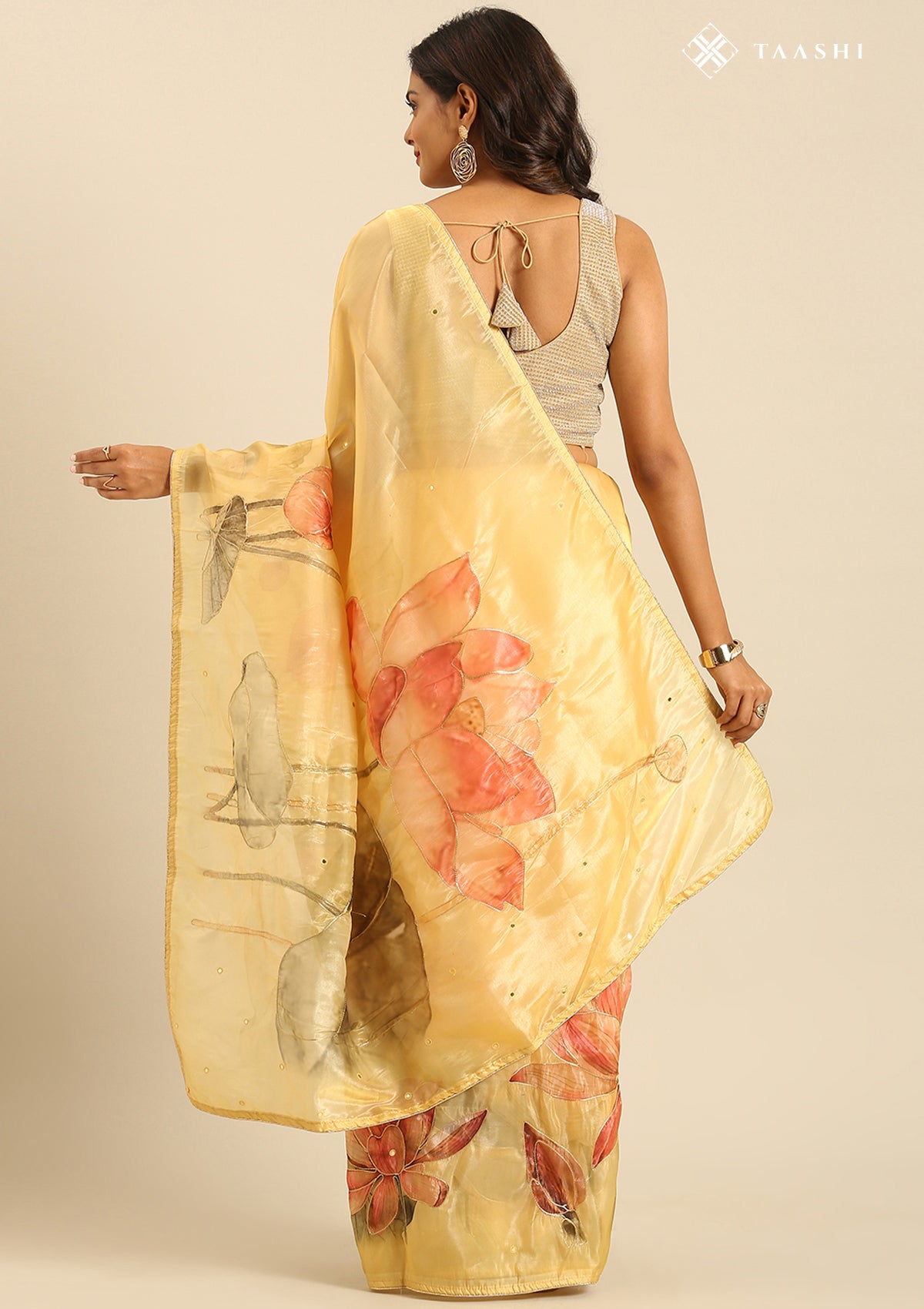 Metallic Yellow Printed And EmbroideRed Organza Saree - Taashi