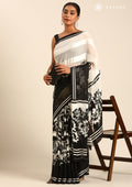 Black And White Abstract Printed Chiffon Saree - Taashi