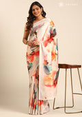 Beige Watercolor Floral Digital Printed Satin Saree - Taashi
