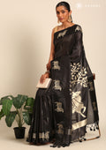 Black Jacquard Pattern Placement Tussar Saree - Taashi