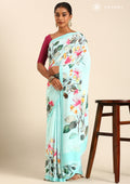 Sky Blue Multicolor Watercolor Floral Printed Crepe Saree - Taashi
