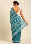 Teal Batik Floral Butta Printed Cotton Saree - Taashi