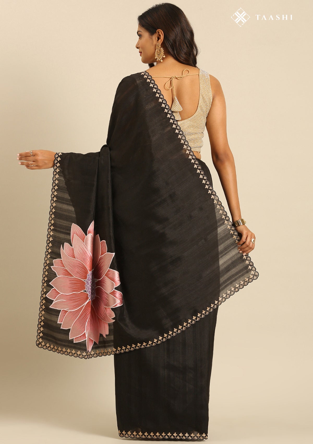 Black Floral EmbroideRed Tissue Saree - Taashi