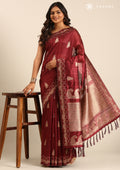 Maroon Zari Floral Butta Tussar Saree - Taashi