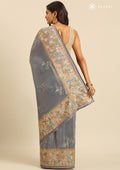 Metallic Dusty Blue Nature InspiRed Embroiderd Tissue Saree - Taashi