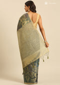 Sage Green Floral Print With Neutral Color Printed Tissue Saree - Taashi