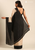 Beige Black Temple Bordered Digital Printed Tussar Saree - Taashi