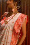Red And Cream Traditional Bengoli Woven Tussar Saree - Taashi