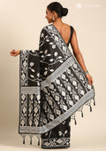 Black And White Floral And Tribal Pattern Woven Tussar Saree - Taashi