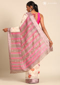 Cream Watercolor Floral Printed And Plaids Woven Linen Saree - Taashi