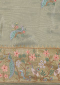 Metallic Dusty Green Nature InspiRed Embroiderd Tissue Saree - Taashi