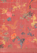 Dusty Pink Floral, Flamingo Printed And Zari Stripes Tussar Saree - Taashi