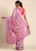 Purple Watercolor Floral Printed And Plaids Woven Linen Saree - Taashi
