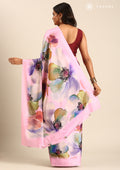 Pink Watercolor Floral Digital Printed Satin Saree - Taashi