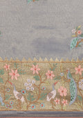 Metallic Dusty Blue Nature InspiRed Embroiderd Tissue Saree - Taashi