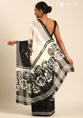 Black And White Abstract Printed Chiffon Saree - Taashi