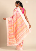 Pastel Pink Watercolor Floral Printed And Plaids Woven Linen Saree - Taashi