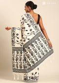 Cream And Black Floral And Tribal Pattern Woven Tussar Saree - Taashi