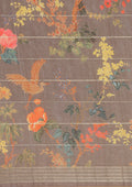 Graphite Floral, Flamingo Printed And Zari Stripes Tussar Saree - Taashi