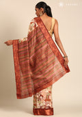 Brown Watercolor Floral Printed And Plaids Woven Linen Saree - Taashi