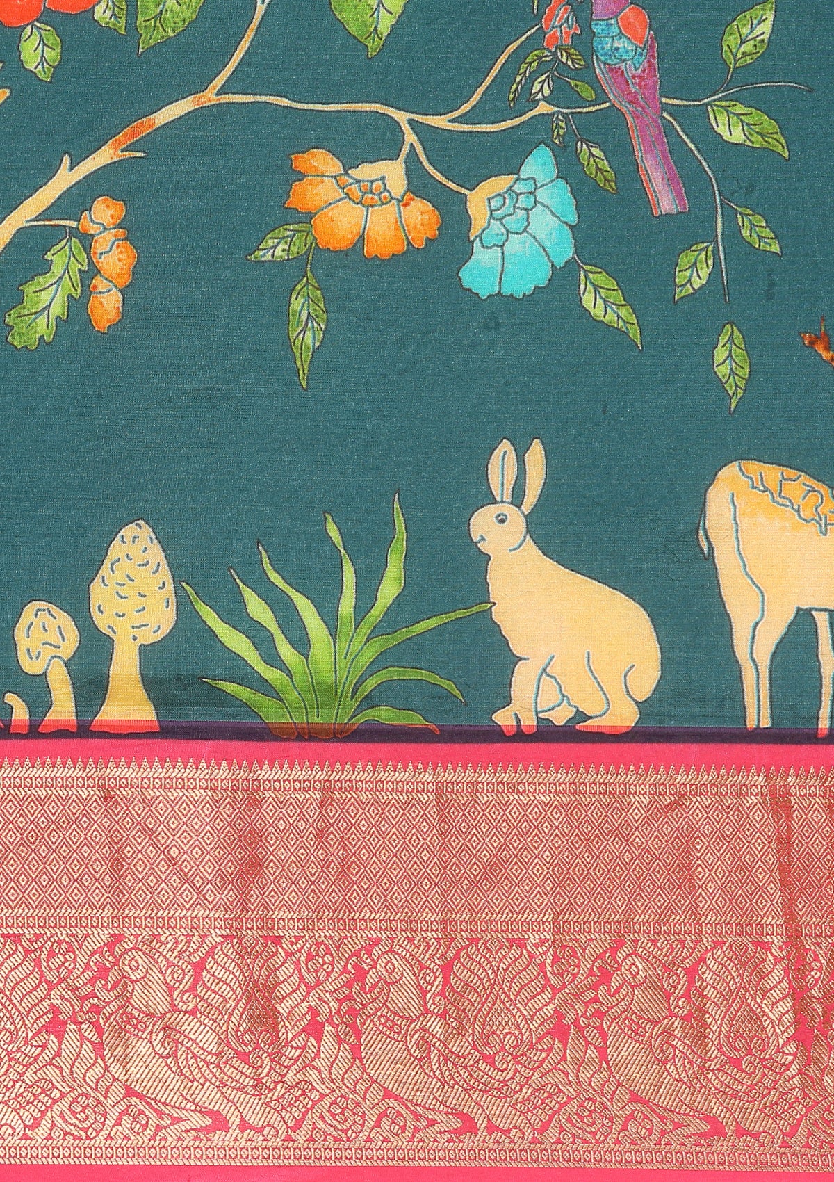 Teal Nature InspiRed Printed Silk Saree - Taashi