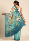 Powder Blue Digital Multicolor Floral And Textured Printed Crepe Saree - Taashi