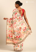 Beige Multicolor Watercolor Floral Printed Crepe Saree - Taashi