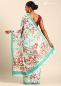 Turquoise Multicolor Watercolor Floral Printed Crepe Saree - Taashi