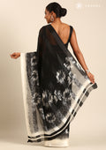 Black Abstract Floral Printed And Striped Chiffon Saree - Taashi