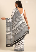 White X Black Printed Art Tussar Matka Silk Saree - Taashi