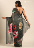 Grey Multicolor Floral Digital Printed Georgette Saree - Taashi