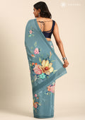 Dusty Powder Blue Floral Digital Printed Crepe Saree - Taashi