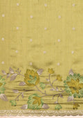 Olive Green Floral Embroiderd Linen Saree - Taashi