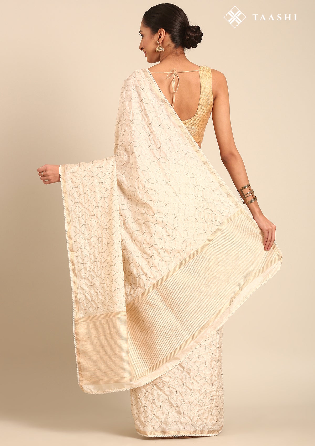 Cream Fancy Embroidery Tussar Saree - Taashi