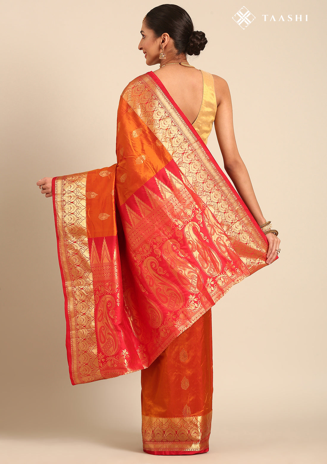 Rust Orange Paisley Butta Pattern Woven Kanjivaram Silk Saree - Taashi