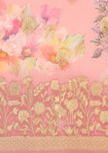 Dusty Pink Floral Printed And Woven Butta Georgette Saree - Taashi