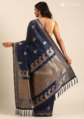 Navy Blue Zari Floral Butta Tussar Saree - Taashi
