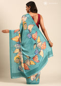 Pastel Blue Leaf Digital Printed Crepe Saree - Taashi