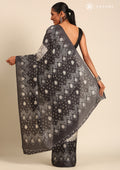 Grey Batik Printed Art Tussar Matka Silk Saree - Taashi