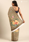 Beige Floral Digital Printed Crepe Saree - Taashi