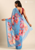 Dusty Blue Watercolor Floral Printed Georgette Saree - Taashi