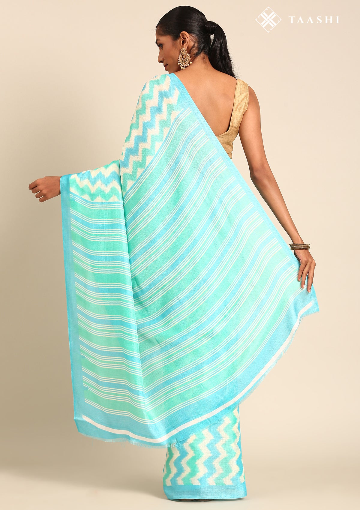 Cream Contrast Zigzag Printed Art Tussar Matka Silk Saree - Taashi