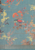 Dusty Blue Floral, Flamingo Printed And Zari Stripes Tussar Saree - Taashi