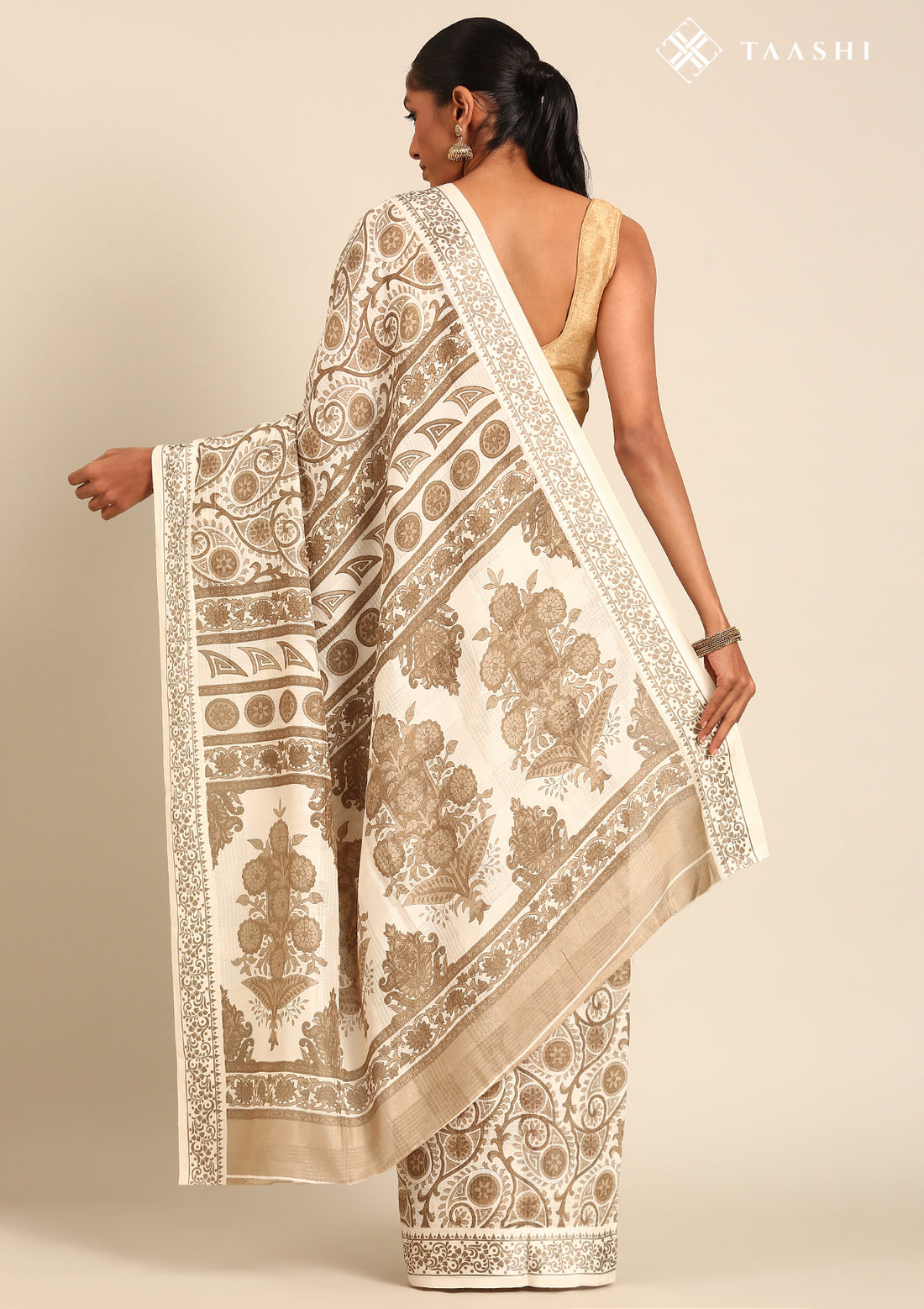 Cream And Heena Stylised A/O Paisley Pattern Linen Saree - Taashi